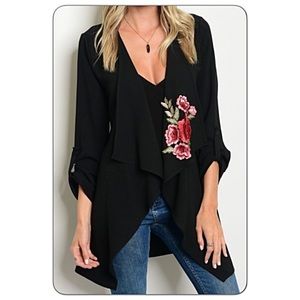 Embroidered Rose Patch Draped Blazer Cardi Small